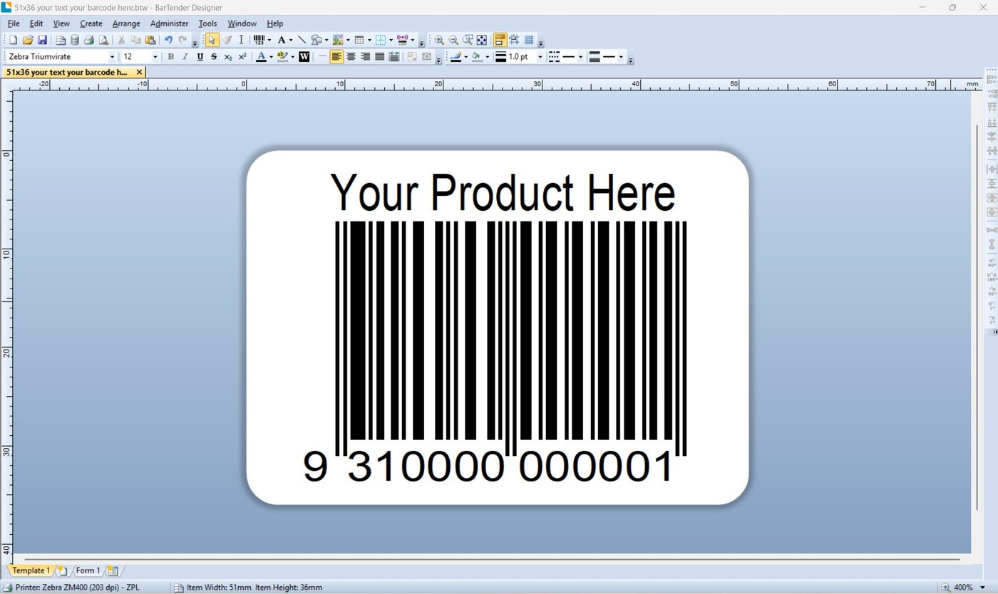 A BarTender Designer window showing a 51 by 36 millimetre label with the words Your Product Here above an EAN-13 barcode. The status bar reads Printer: Zebra ZM400 203 dpi, ZPL.