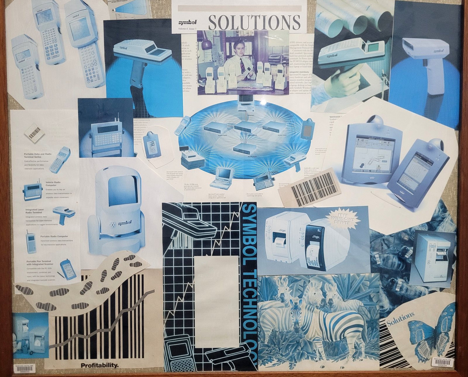 A page of 1990s Symbol Technologies equipment — batch terminals, a wireless
                  network diagram, label printers and scanners