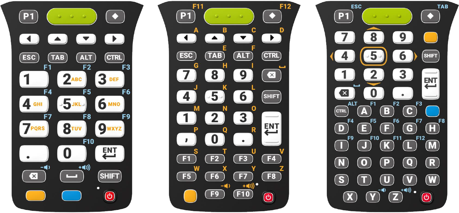 The three MC3400 keypad layouts side by side: numeric 29-key, function/numeric
                  38-key with a row of F1 to F10 keys along the bottom, and alpha numeric 47-key
                  with a full letter keyboard.