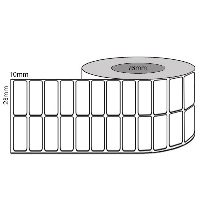 28 by 10 mm white label, 20,000 per roll, printed with a ribbon.