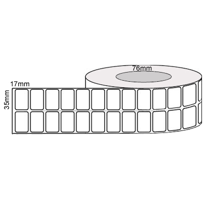 35 by 17 mm white label, 10,000 per roll, printed with a ribbon.