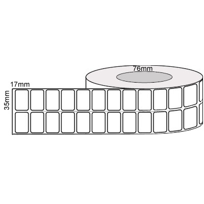 35 by 17 mm white label, 10,000 per roll, printed with a ribbon.