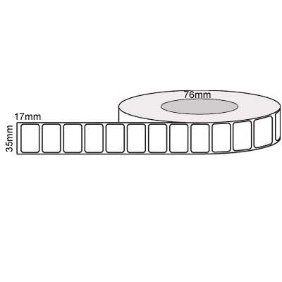 35 by 17 mm white label, 5,000 per roll, printed with a ribbon.