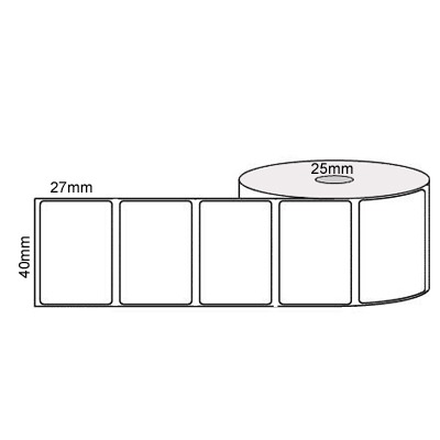 40 by 27 mm white label, 2,000 per roll, no ribbon needed.
