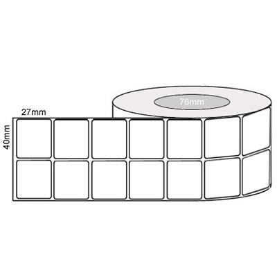 40 by 27 mm white label, 8,000 per roll, printed with a ribbon.