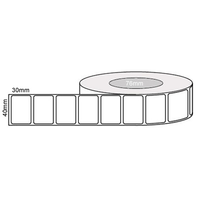 40 by 30 mm white label, 4,000 per roll, printed with a ribbon.