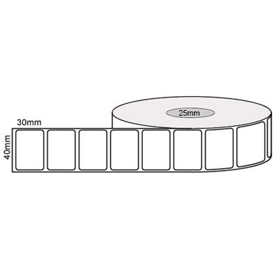 40 by 30 mm white label, 1,000 per roll, printed with a ribbon.