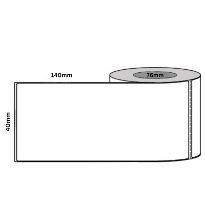 40 by 140 mm white label, 1,000 per roll, no ribbon needed.