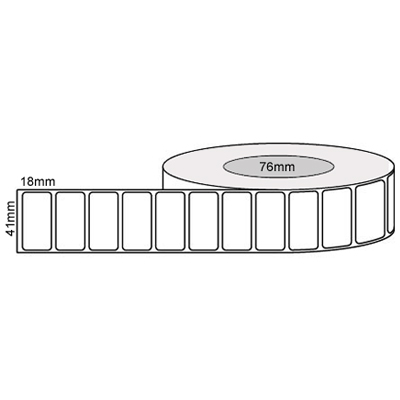 41 by 18 mm white label, 5,000 per roll, printed with a ribbon.