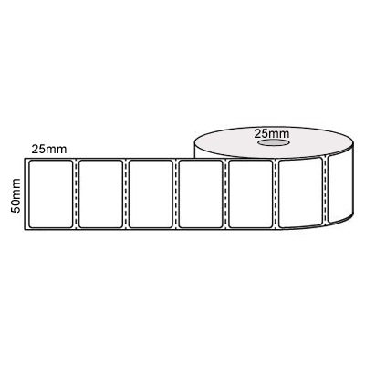 50 by 25 mm white label, 2,000 per roll, no ribbon needed.