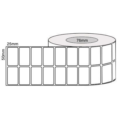50 by 25 mm white label, 5,000 per roll, printed with a ribbon.