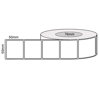 50 by 50 mm white label, 3,000 per roll, printed with a ribbon.