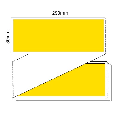 80 by 290 mm yellow label, 2,000 per box, printed with a ribbon.