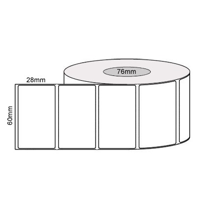 60 by 28 mm white label, 4,000 per roll, no ribbon needed.