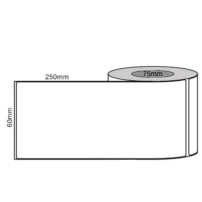 60 by 250 mm white label, 500 per roll, printed with a ribbon.