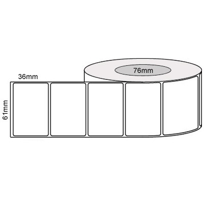 61 by 36 mm white label, 2,500 per roll, printed with a ribbon.