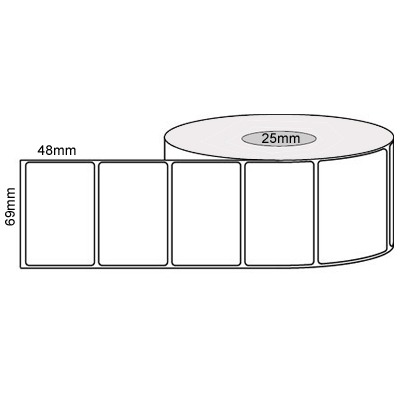 69 by 48 mm white label, 1,000 per roll, printed with a ribbon.