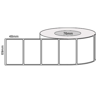 69 by 48 mm white label, 3,000 per roll, printed with a ribbon.