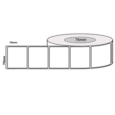 74 by 74 mm white label, 2,500 per roll, no ribbon needed.