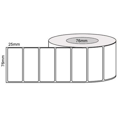 76 by 25 mm white label, 5,000 per roll, printed with a ribbon.