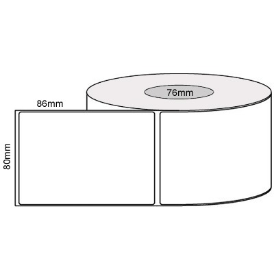 80 by 86 mm white label, 1,500 per roll, printed with a ribbon.
