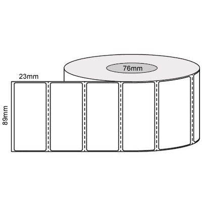 89 by 23 mm white label, 4,000 per roll, printed with a ribbon.