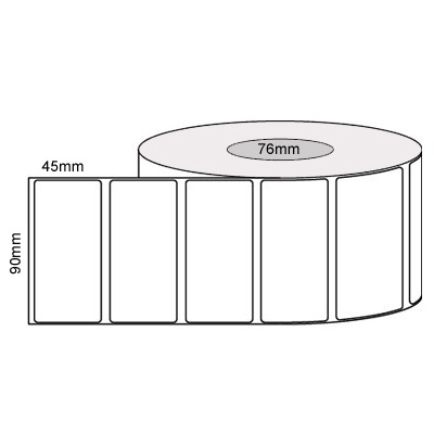 90 by 45 mm white label, 2,500 per roll, printed with a ribbon.