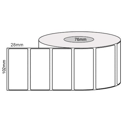 102 by 28 mm white label, 4,000 per roll, printed with a ribbon.
