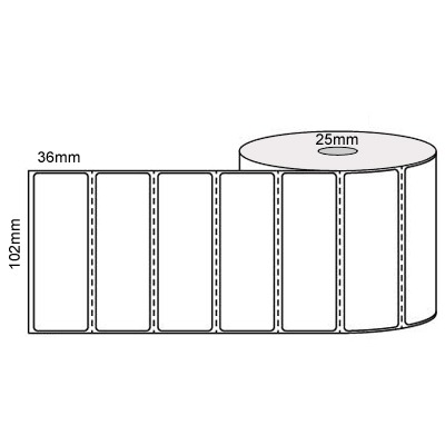 102 by 36 mm white label, 1,000 per roll, printed with a ribbon.