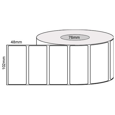 102 by 48 mm white label, 2,000 per roll, printed with a ribbon.