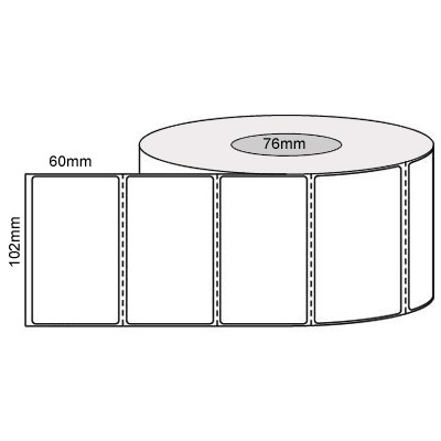 102 by 60 mm white label, 2,000 per roll, printed with a ribbon.