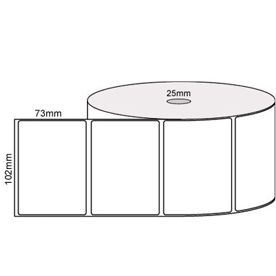 102 by 73 mm white label, 750 per roll, no ribbon needed.