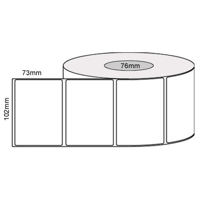 102 by 73 mm white label, 2,000 per roll, printed with a ribbon.