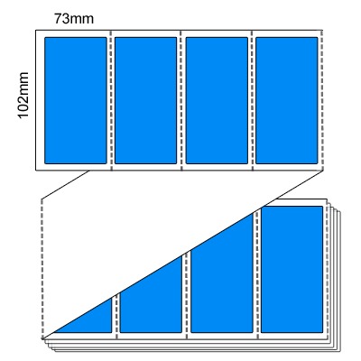 102 by 73 mm blue label, 6,000 per box, printed with a ribbon.