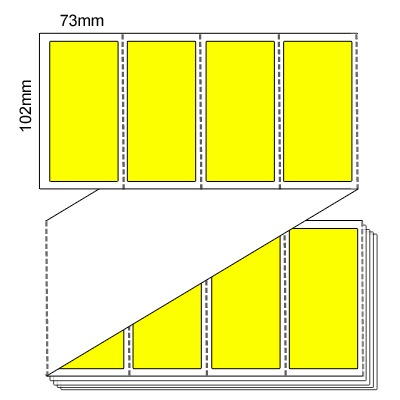 102 by 73 mm yellow label, 6,000 per box, printed with a ribbon.