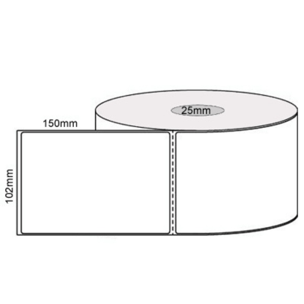 102 by 150 mm white label, 400 per roll, no ribbon needed.