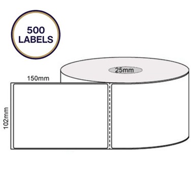 102 by 150 mm white label, 500 per roll, no ribbon needed.