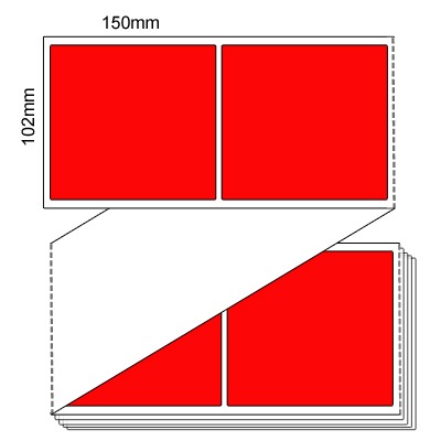 102 by 150 mm red label, 3,000 per box, printed with a ribbon.