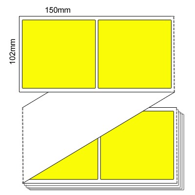 102 by 150 mm yellow label, 3,000 per box, printed with a ribbon.