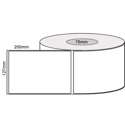 127 by 200 mm white label, 750 per roll, printed with a ribbon.