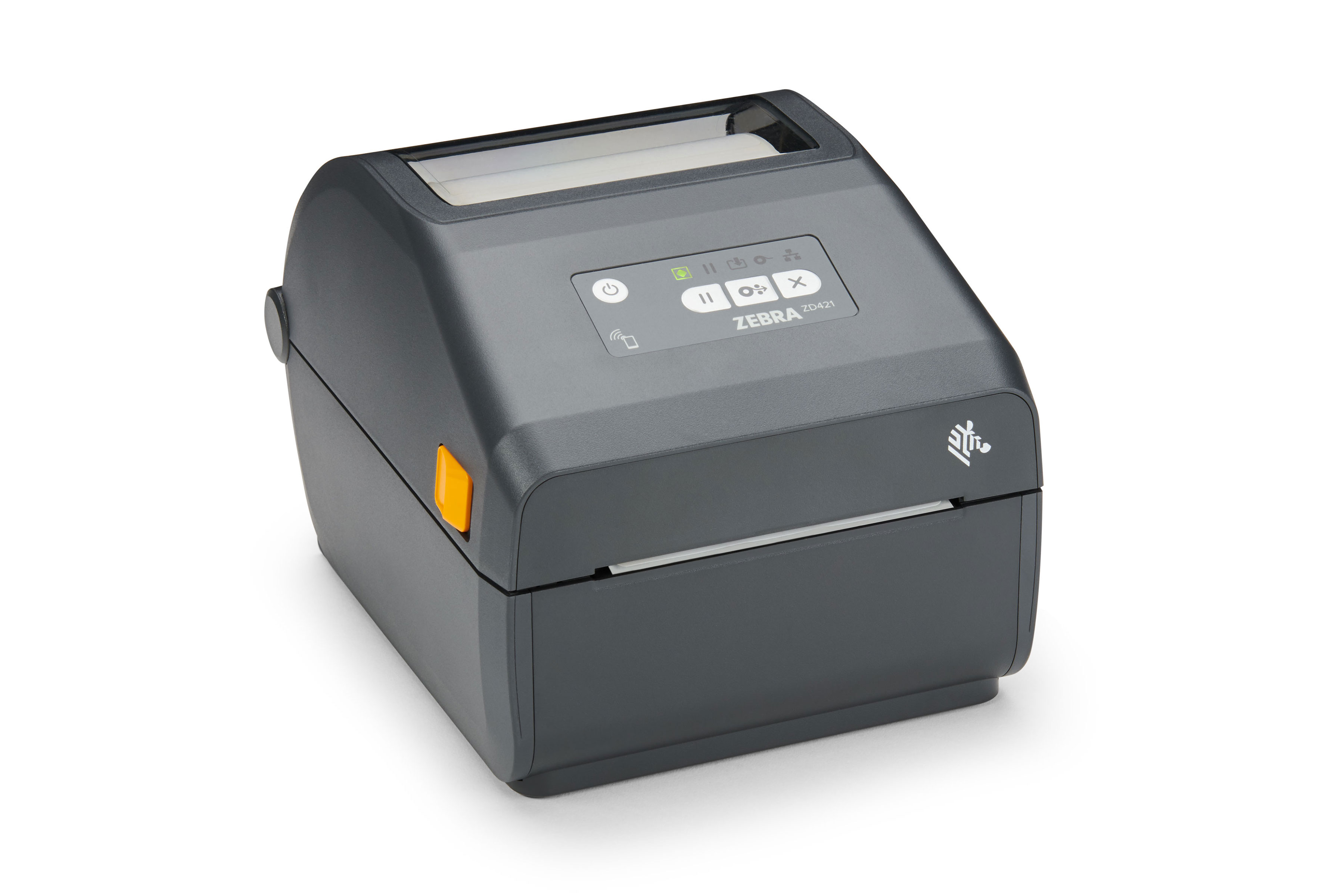 Zebra ZD421 desktop label printer, black, front three-quarter view.