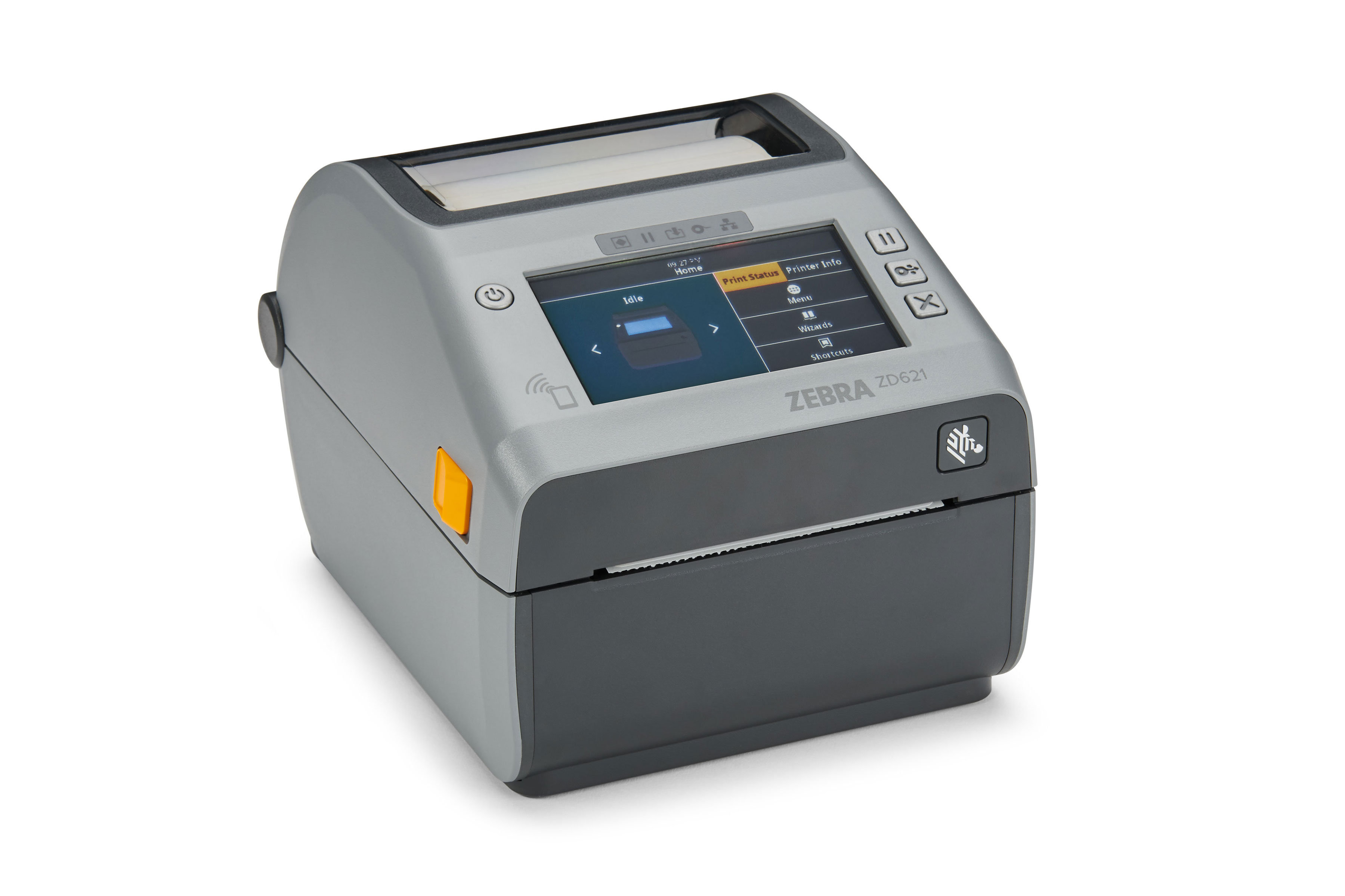 Zebra ZD621 desktop label printer, grey, three-quarter view with a colour touch display.