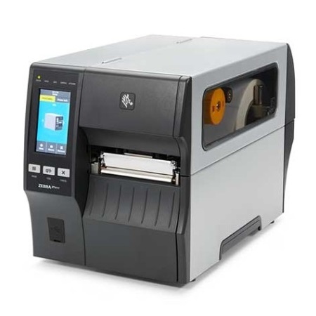 Zebra ZT411 industrial label printer, metal case, media cover open.