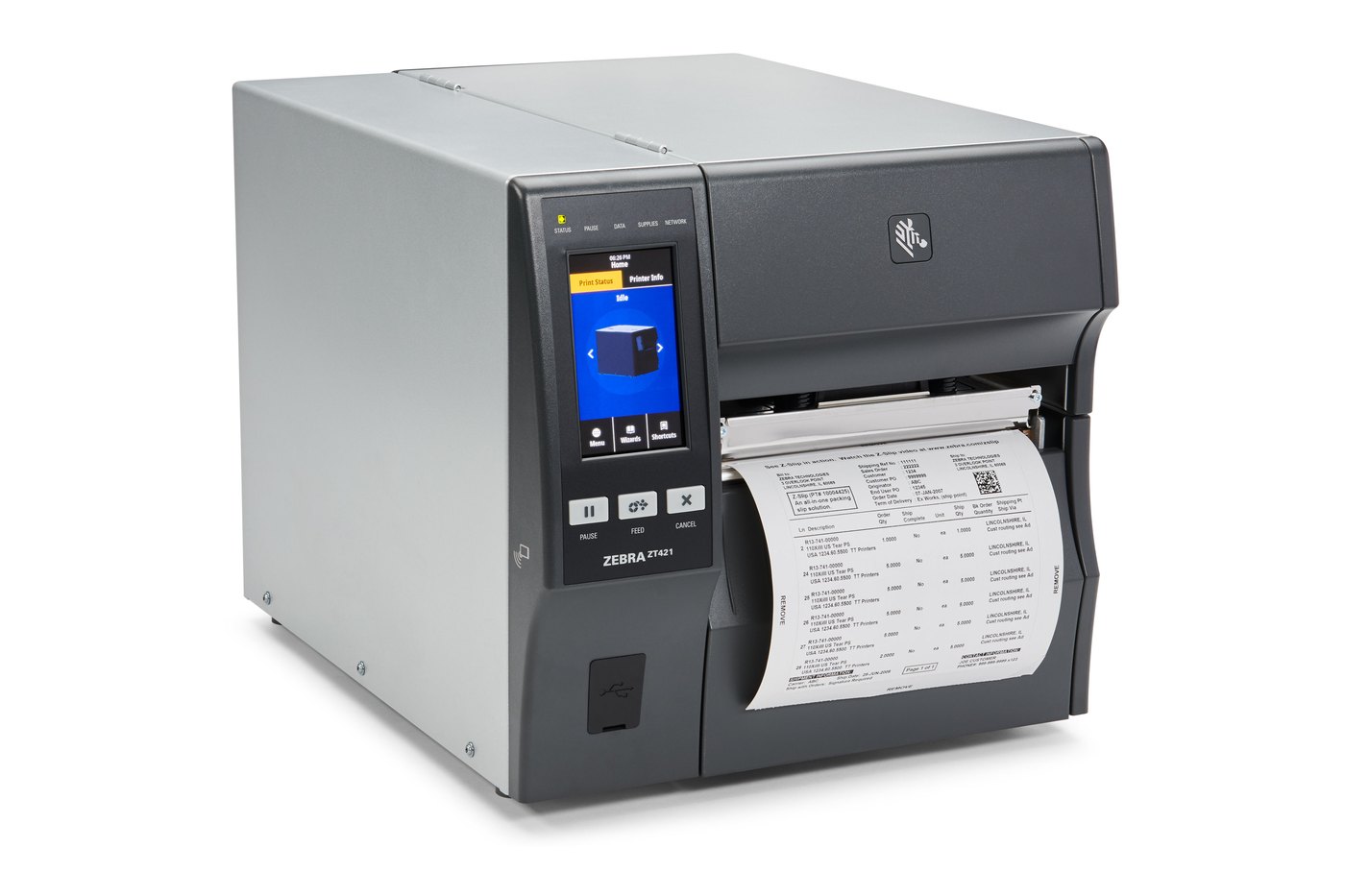 A Zebra ZT421 printing a wide packing slip, the printed sheet curling out of the front of the machine.