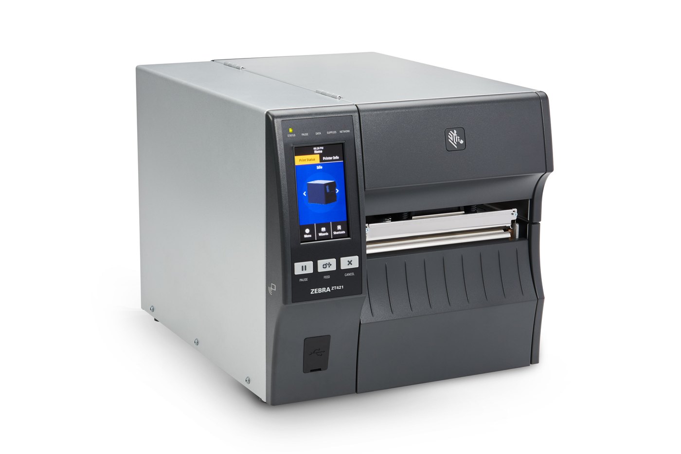 Zebra ZT421 industrial label printer, metal case, front three-quarter view.
