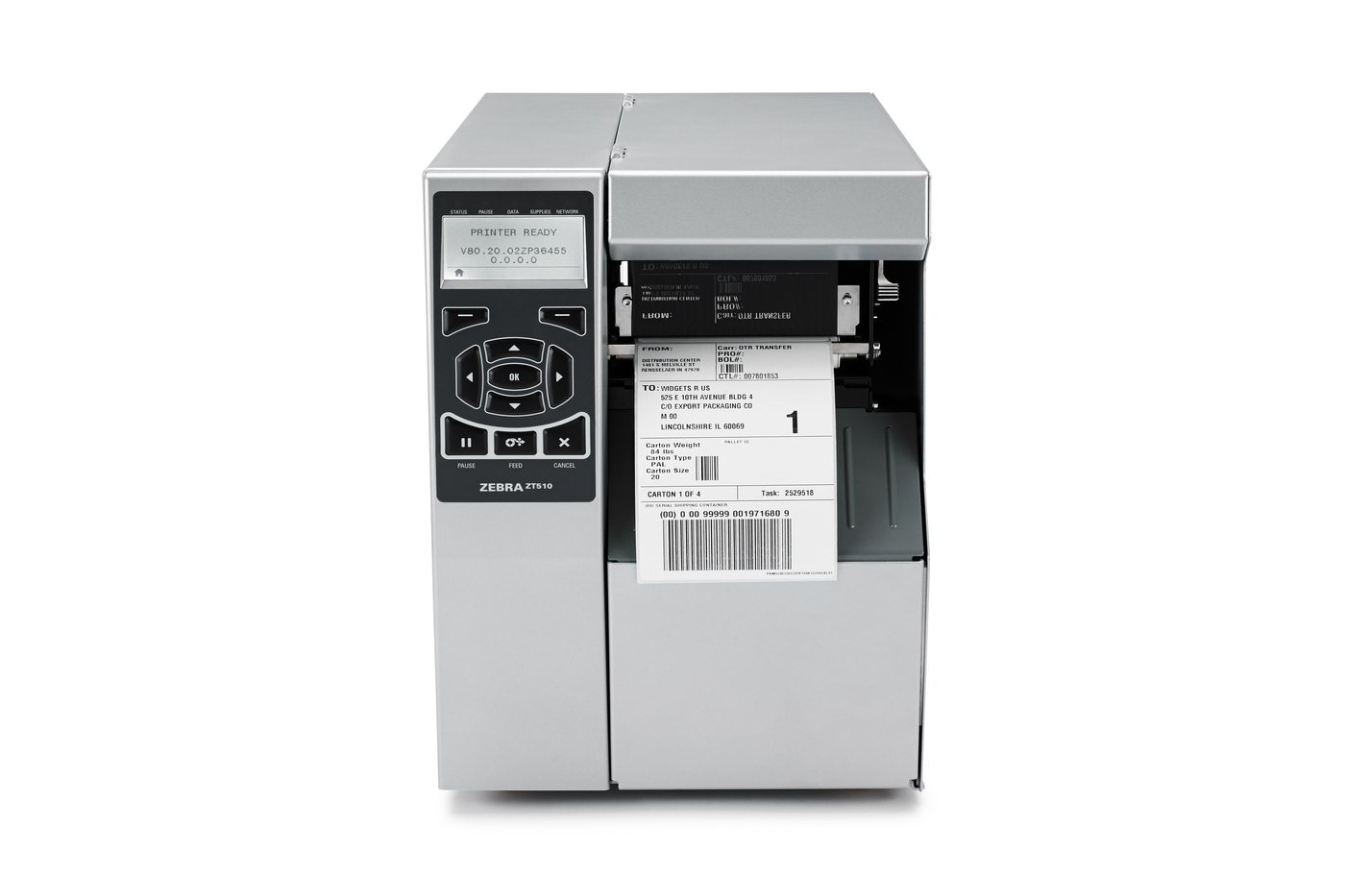 A Zebra ZT510 seen from the front, its display reading PRINTER READY, with a despatch label emerging that carries a delivery address, carton weight and a barcode.