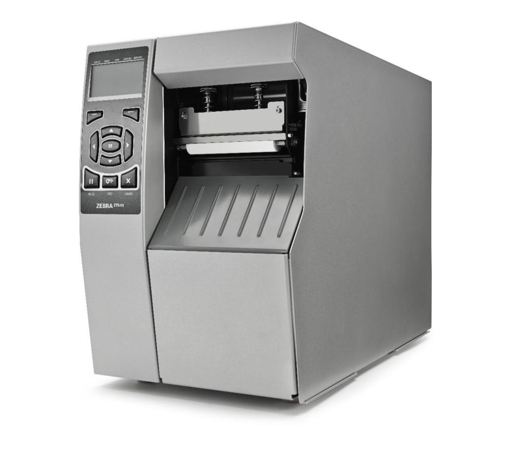 Zebra ZT510 industrial label printer, silver metal body, media door open.