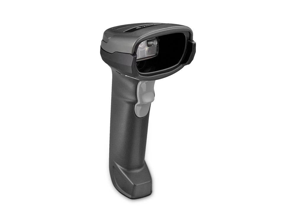 Zebra DS2208 corded handheld barcode scanner, black, viewed front on.