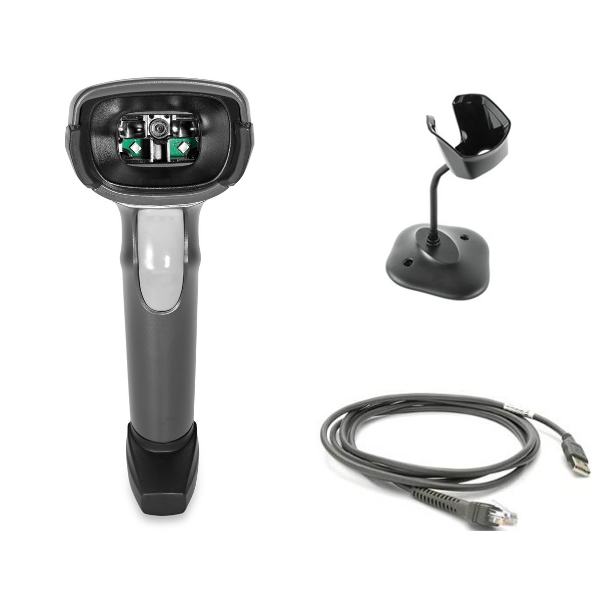The DS2208 kit - the corded scanner viewed front on with its imager window visible, the black gooseneck hands-free stand, and the shielded USB cable.