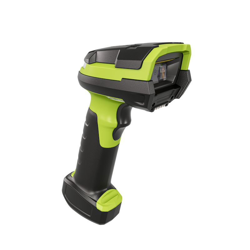 Zebra DS3678-2D-XR rugged cordless barcode scanner in black and industrial green, front three-quarter view.